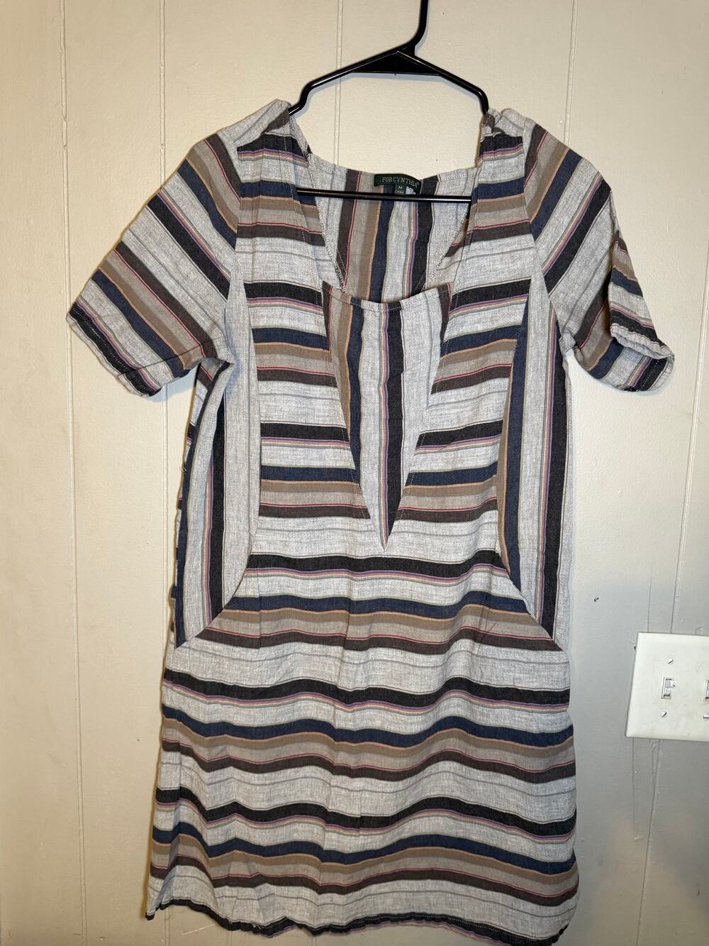For Cynthia Women’s M Striped Short Sleeve Tunic Top Boho V Neck